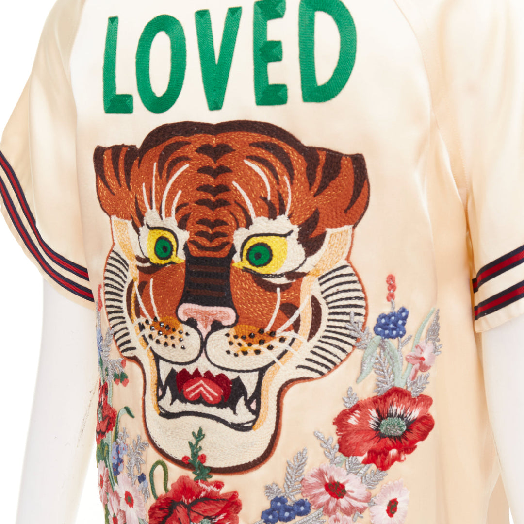 rare GUCCI 2016 Runway Crystal Rhinestone flower Loved baseball shirt IT38 XS