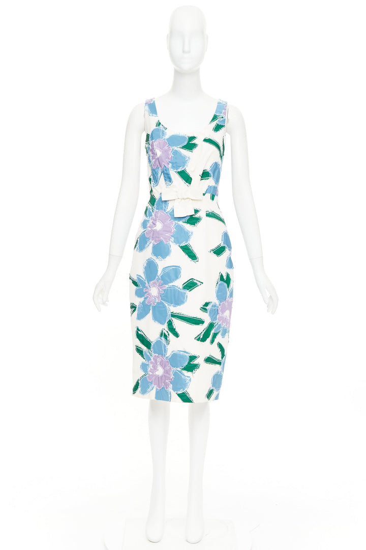 PRADA 2016 cream blue green silk overstitch patchwork floral bow dress IT38 XS