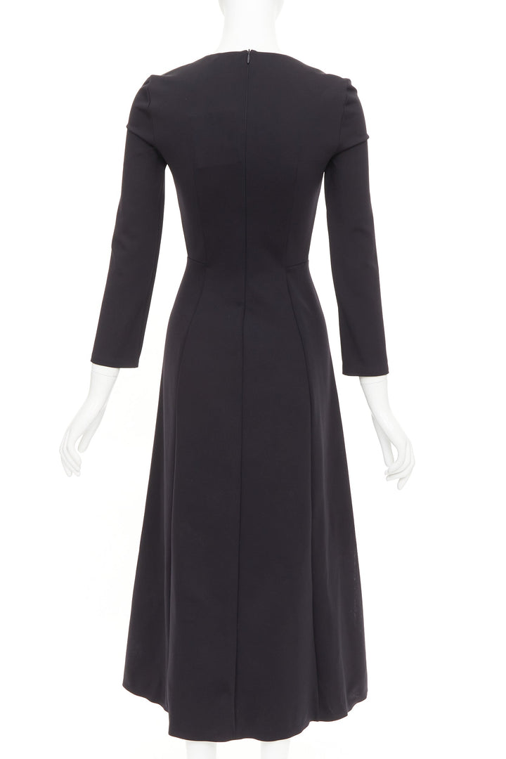 THE ROW Cadiz black wide scoop cut out neck long sleeve fit flare midi dress XS
