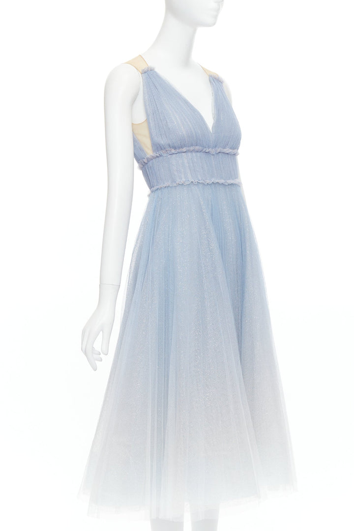 MARCHESA NOTTE baby blue white ombre ruched waist tulle dress UK6 XS