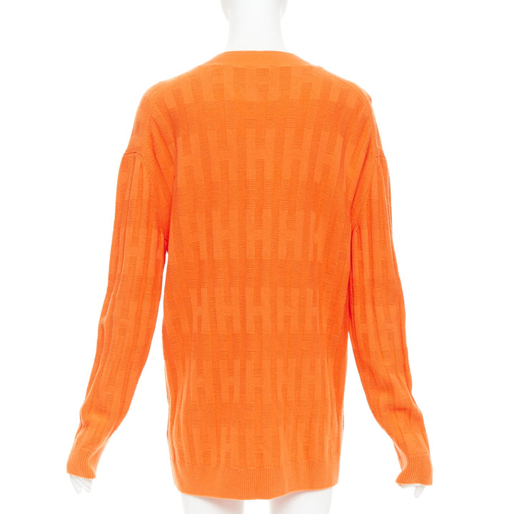 HERMES  H intarsia orange virgin wool V neck oversized cardigan FR36 S
