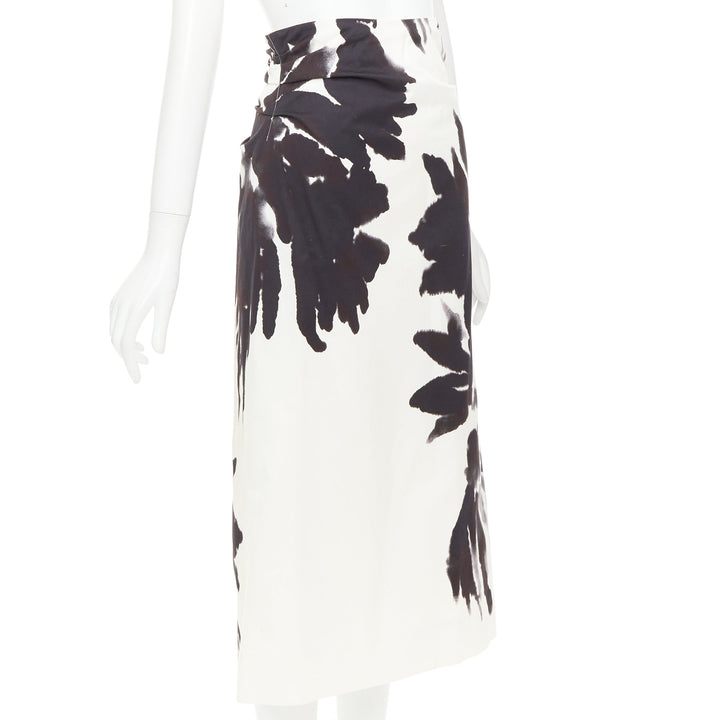 DRIES VAN NOTEN black white cotton watercolor floral print midi skirt FR38 M