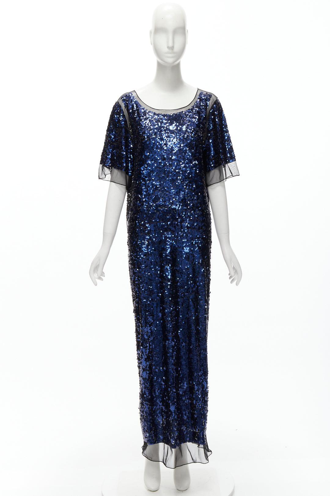 BY MALENE BIRGER blue sequins overlay black sheer evening gown dress M