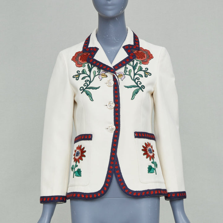 GUCCI 2015 Alessandro Michele  beige rose embroidered web trim jacket IT40 S