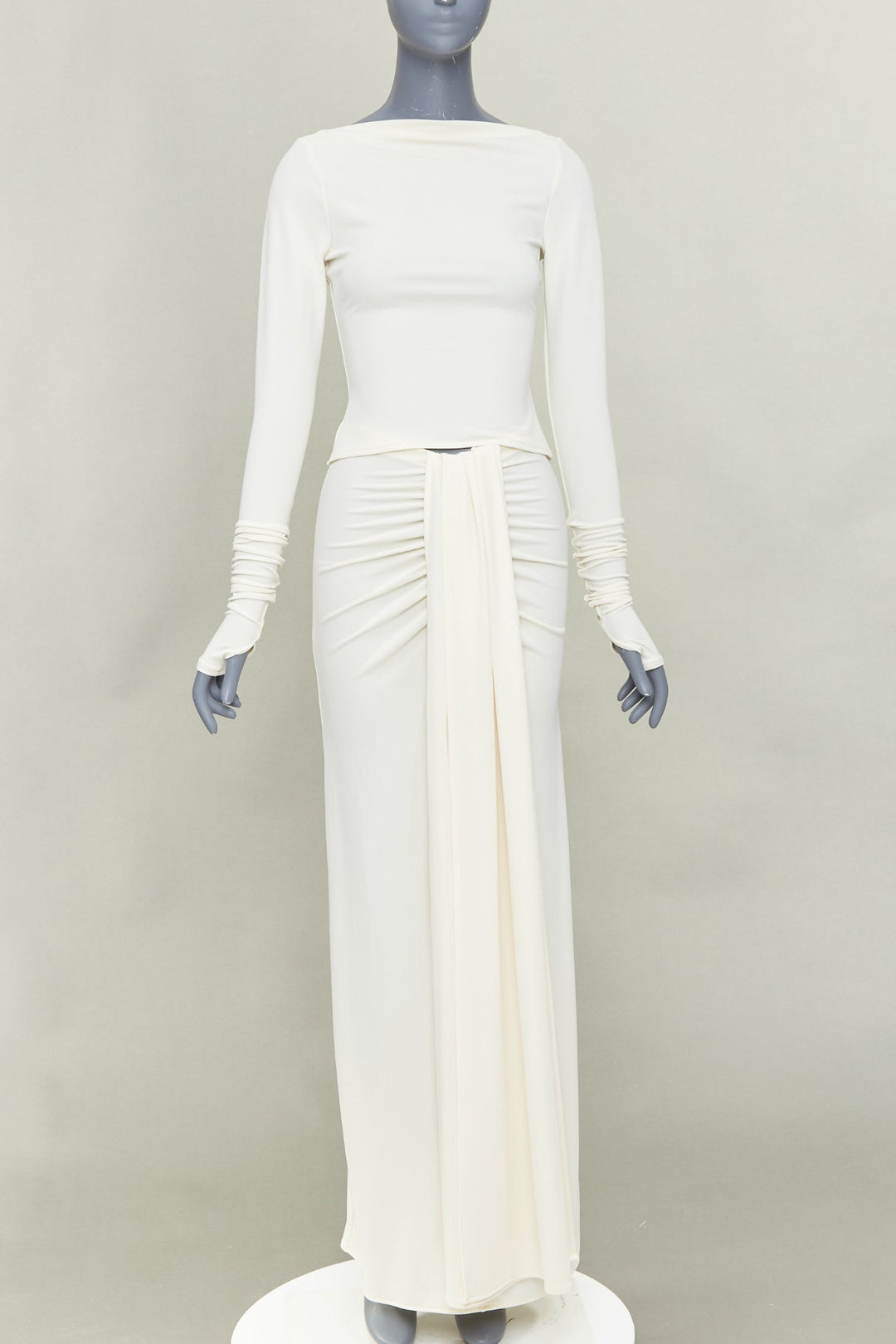 HELSA 2023 ivory matte jersey boatneck backless top draped wrap skirt set XS
