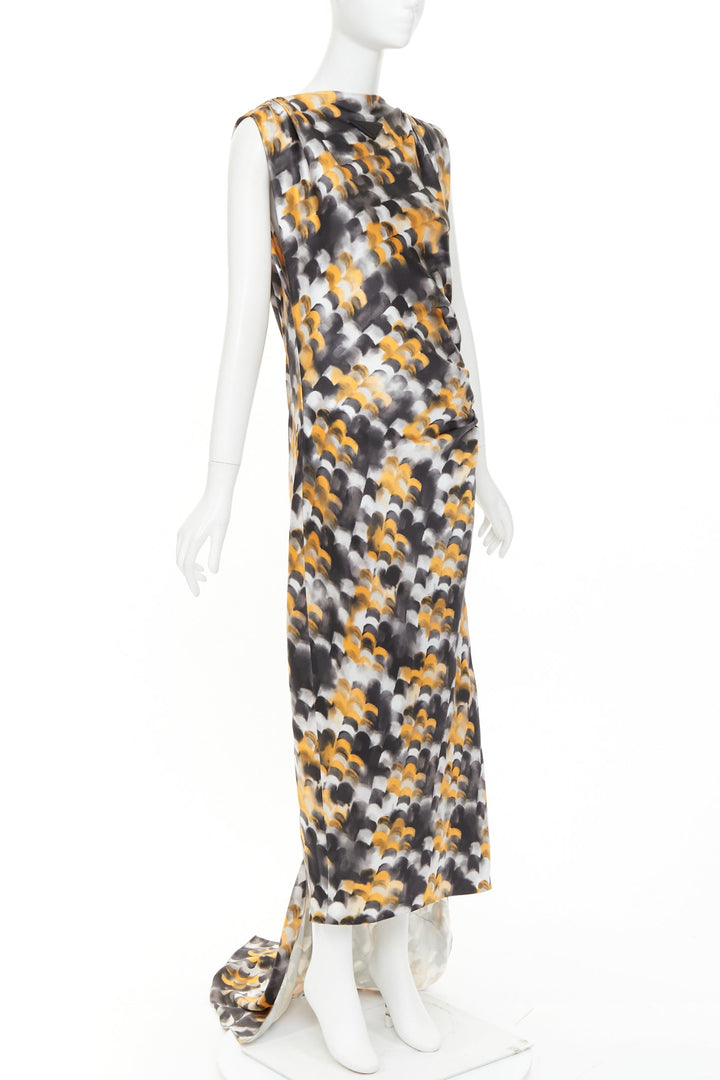 rare PRADA 2023 Runway yellow black viscose silk abstract train gown IT40 S