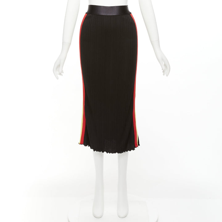 ELLERY black viscose yellow red tape ribbed high waist pleated skirt UK6 XS
