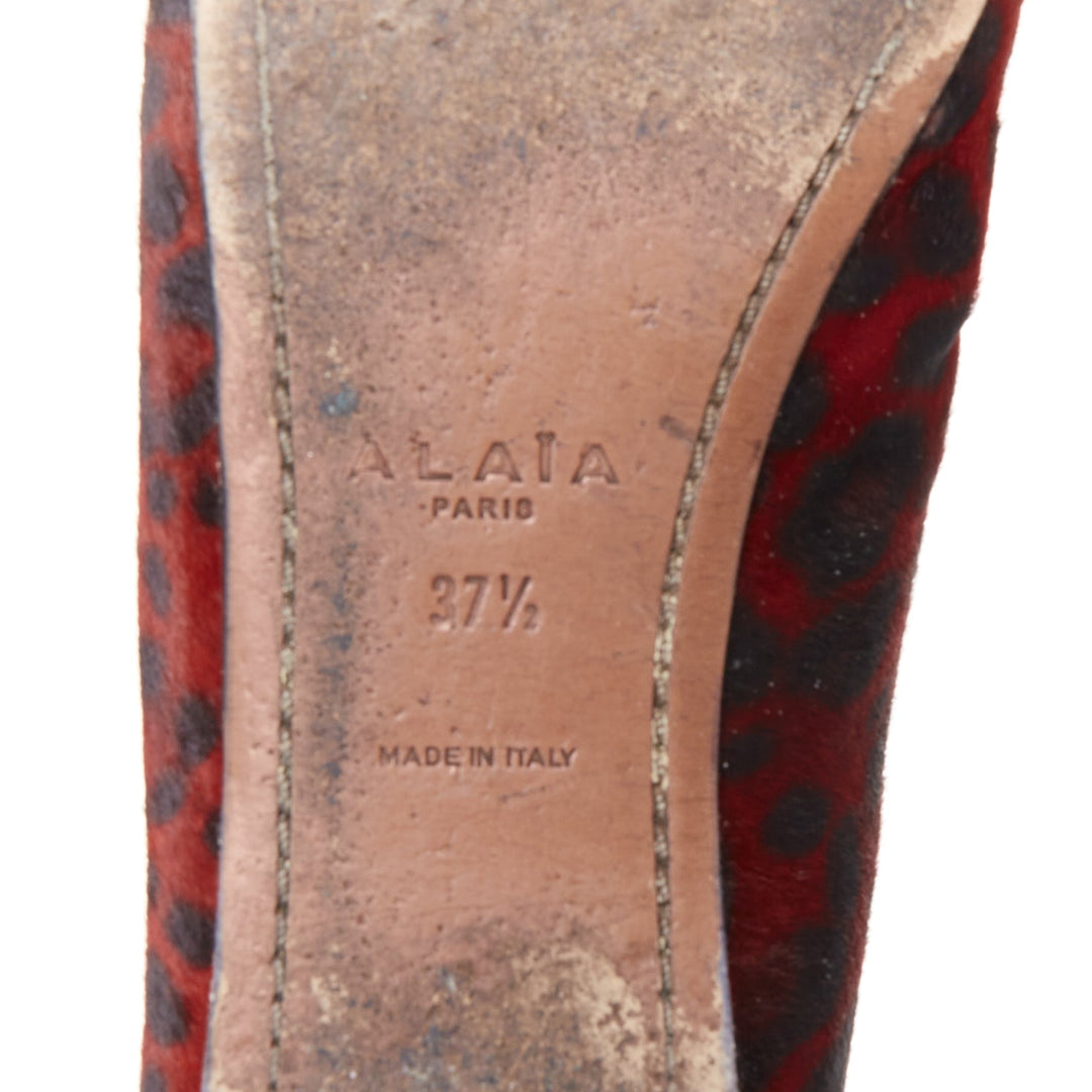 ALAIA red calf hair leopard print black leather trim ballet flats EU37.5