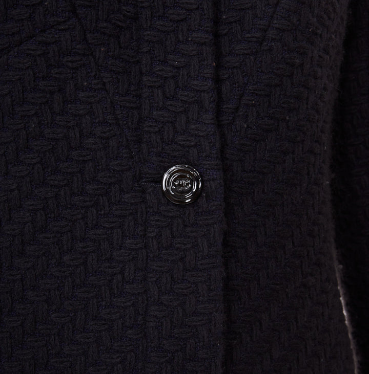 CHANEL black textured chevron wool angora single breasted long maxi coat