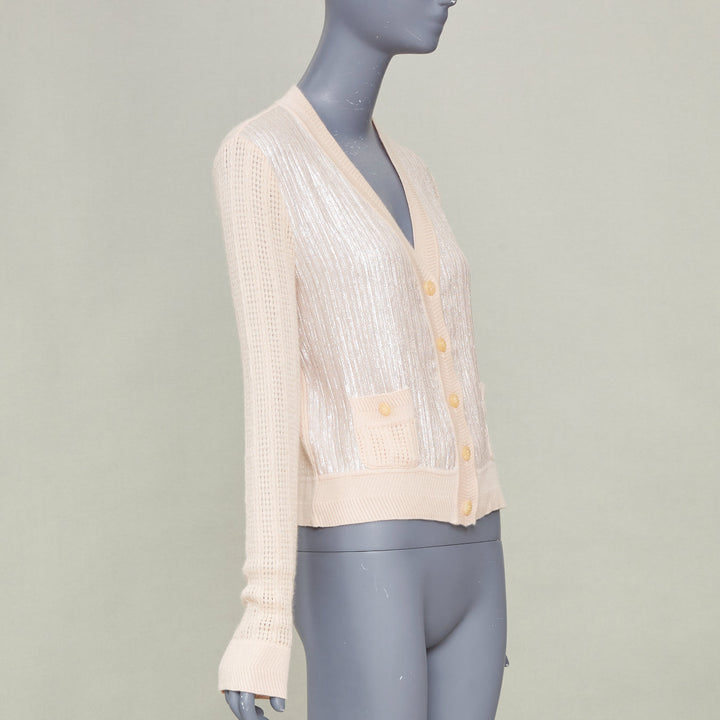 NINA RICCI silver metallic foil panel beige cashmere silk cardigan sweater IT40