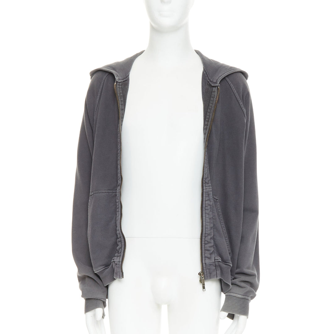 HAIDER ACKERMANN grey washed cotton raglan pocketed zip up hoodie top S