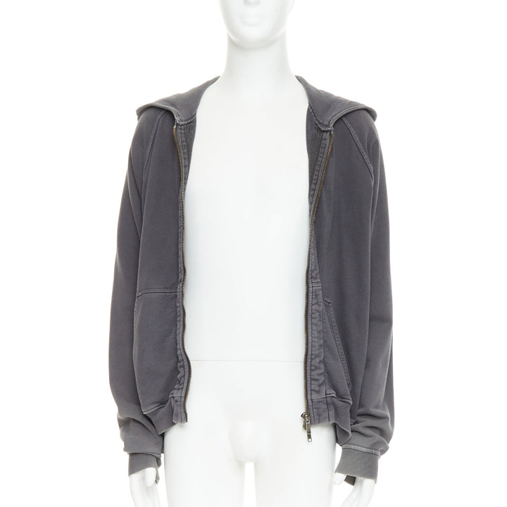HAIDER ACKERMANN grey washed cotton raglan pocketed zip up hoodie top S