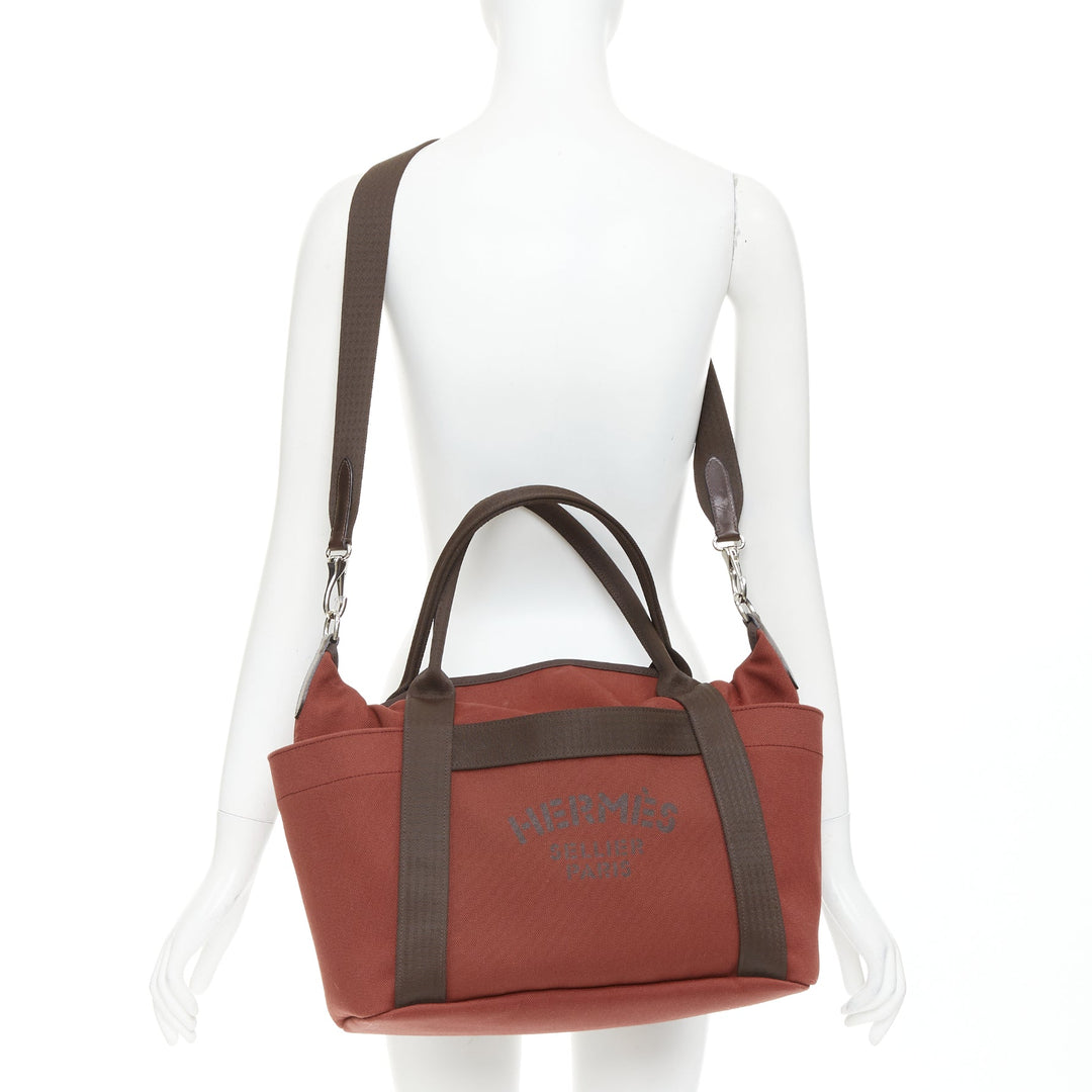 HERMES Sac de Panage Groom burgundy brown canvas logo tote bag