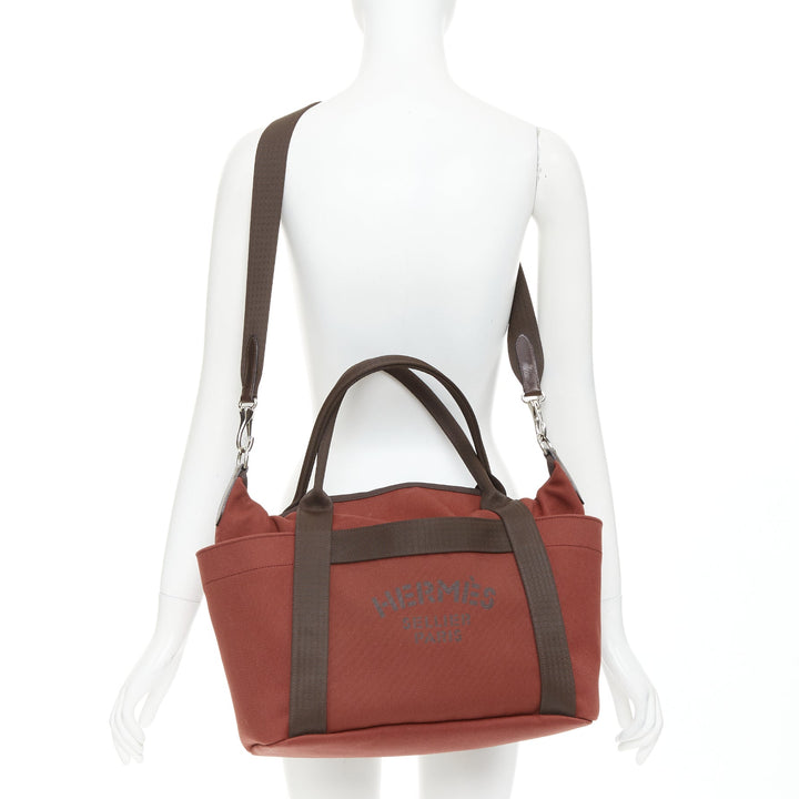 HERMES Sac de Panage Groom burgundy brown canvas logo tote bag