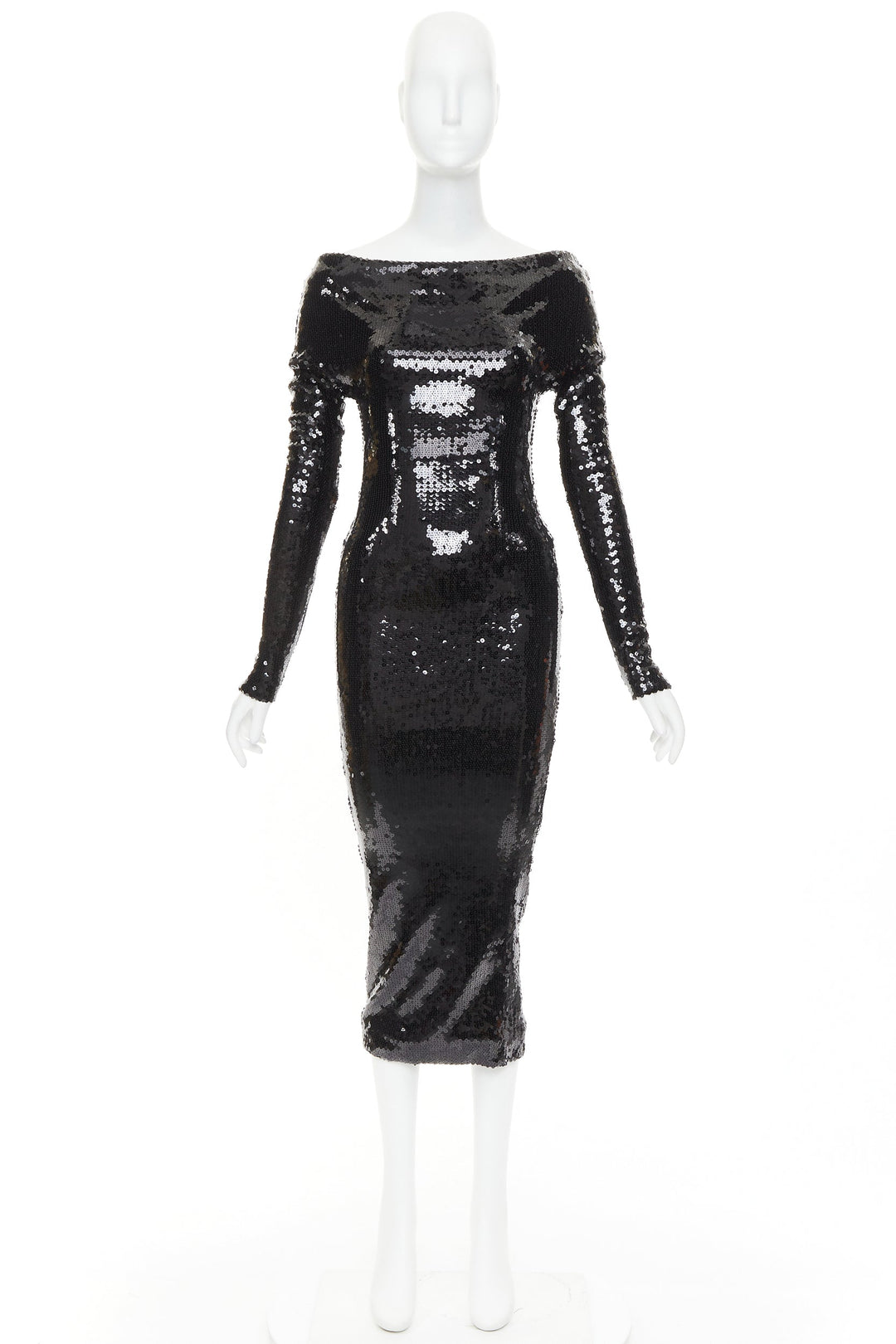 ALEXANDRE VAUTHIER SS2023 Runway black sequinned off shoulder stretch midi dress