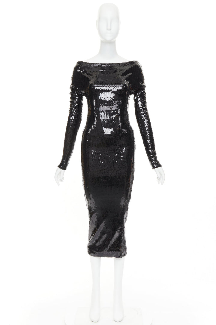 ALEXANDRE VAUTHIER SS2023 Runway black sequinned off shoulder stretch midi dress