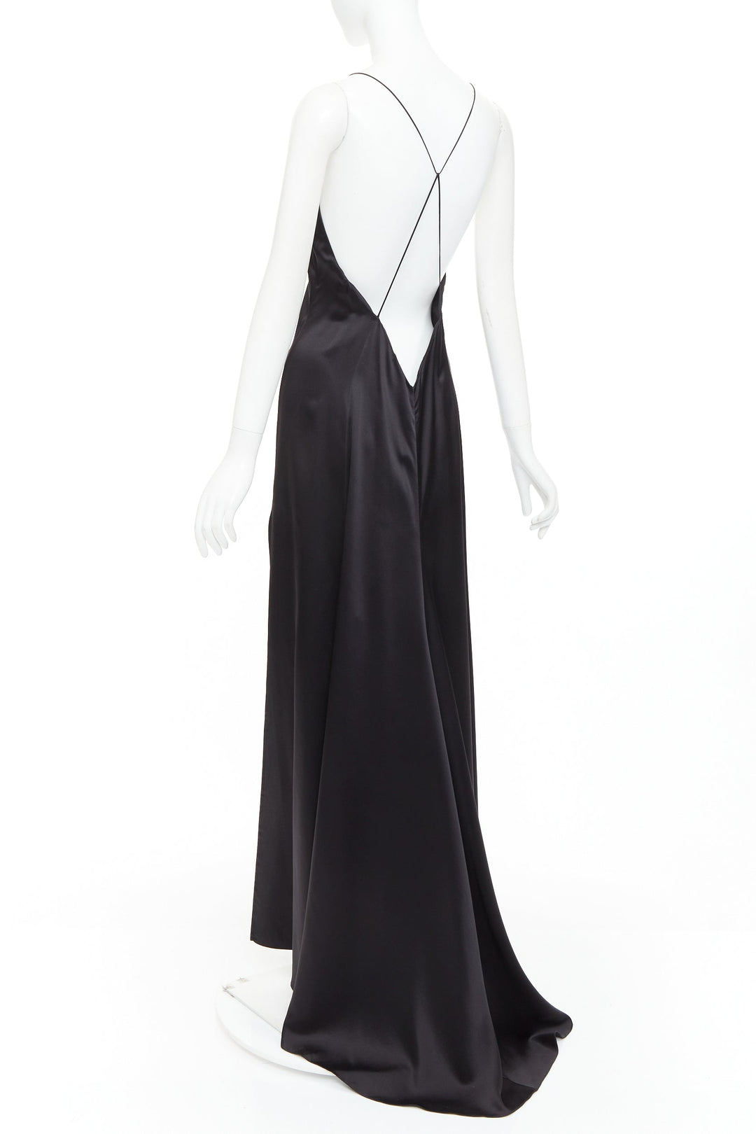 SAINT LAURENT 2022 Runway black silk plunge open back high slit slip gown FR40 M