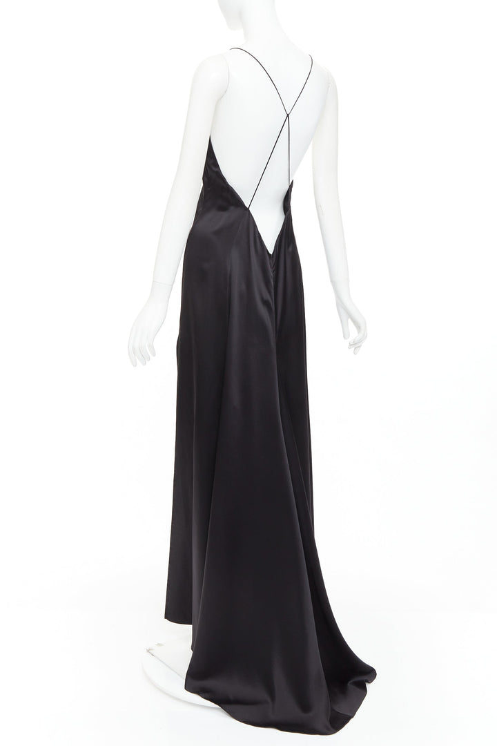 SAINT LAURENT 2022 Runway black silk plunge open back high slit slip gown FR40 M