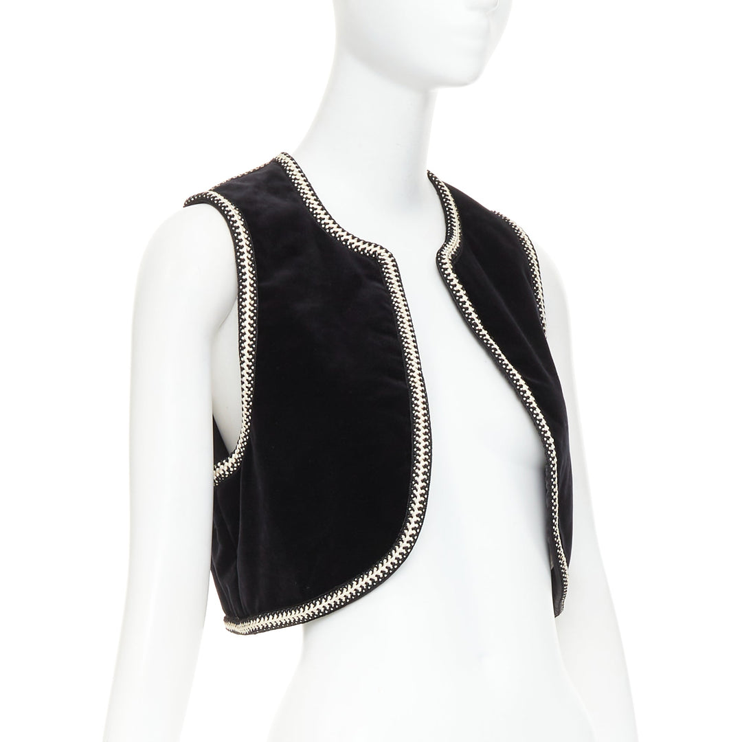CELINE black cotton velvet gold braided weave trim cropped gilet vest FR38 M