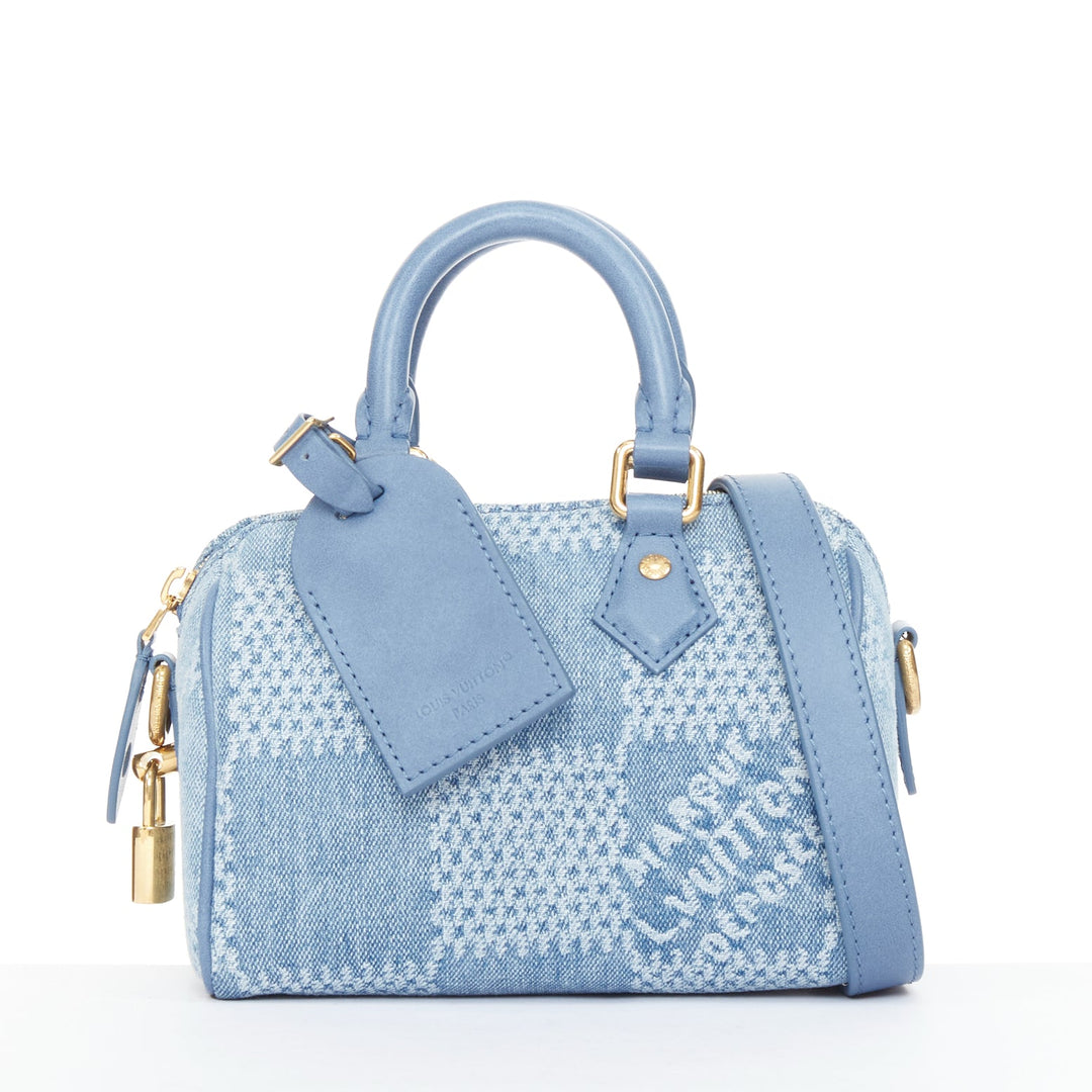 LOUIS VUITTON 2024 Speedy 18 Bandouliere blue denim Damier jacquard mini bag