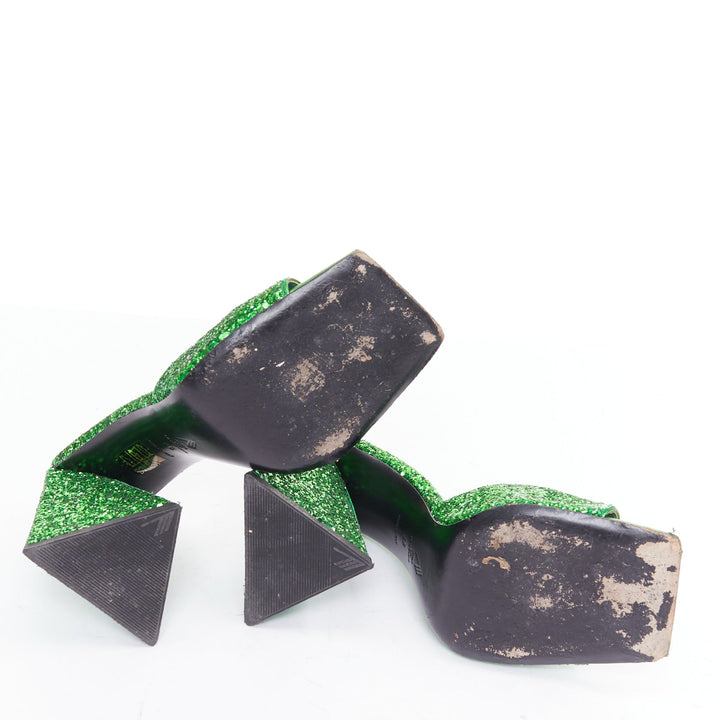 THE ATTICO Devon green apple glitter square open toe architectural mules EU38