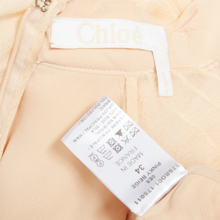 CHLOE 100% pinky beige silk chiffon plunge pleated knee boho dress FR34 XS