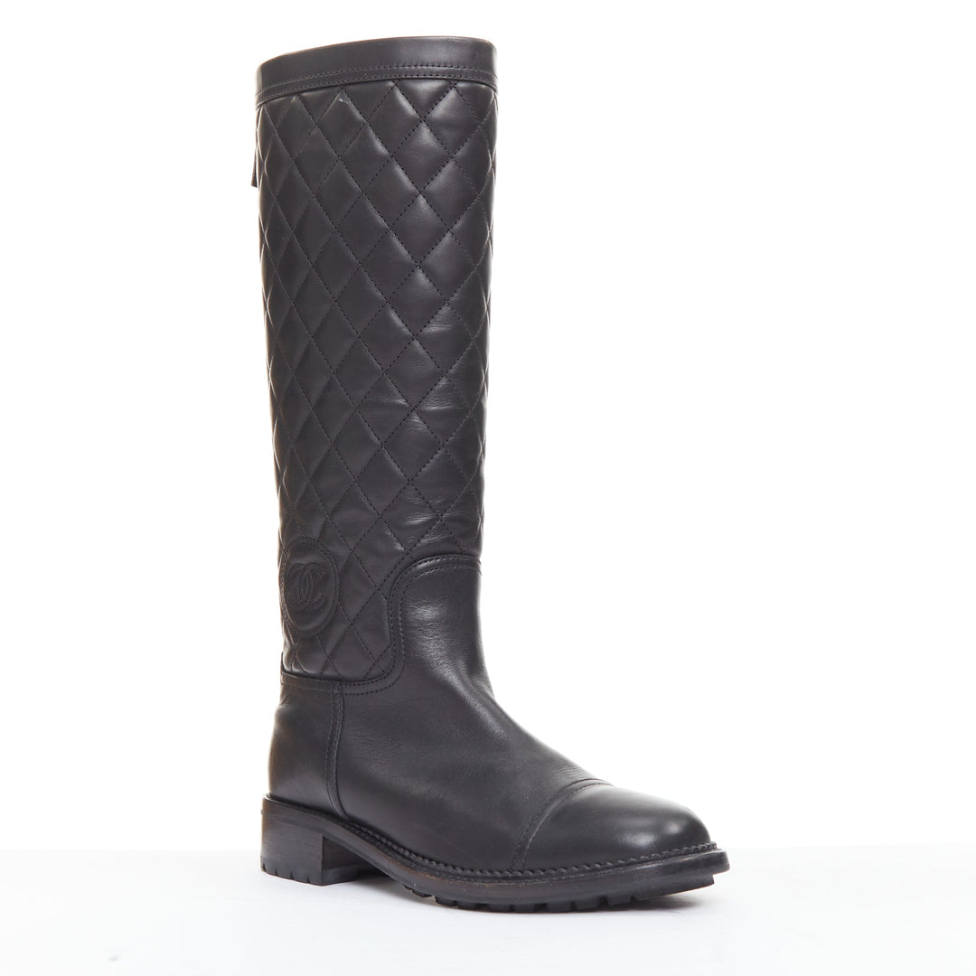 CHANEL black leather quilted CC logo stamp round toe riding boots EU38