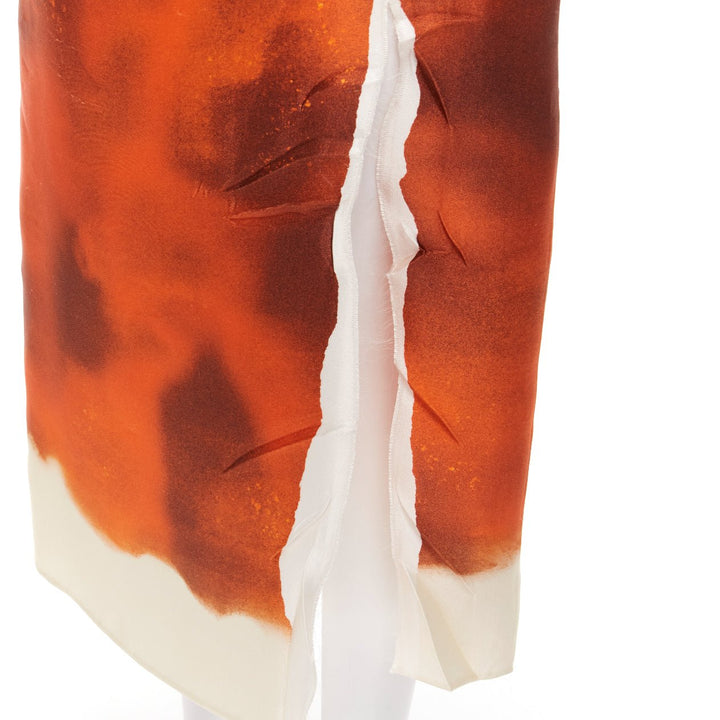 PRADA 2023 Runway orange water dyed side slit crinkled silk skirt IT38 XS