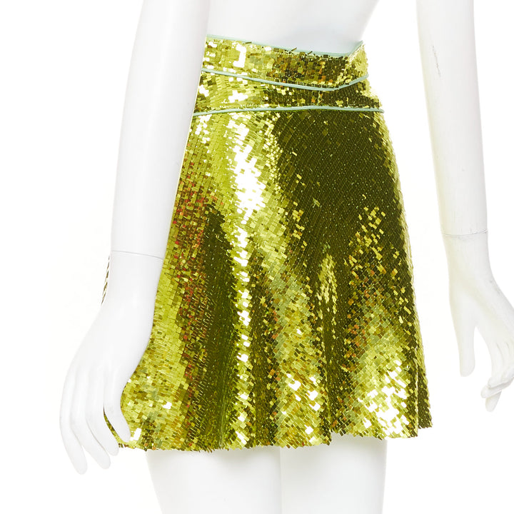 DSQUARED2 acid lime green rectangular sequins piping trim skater skirt IT38 XS