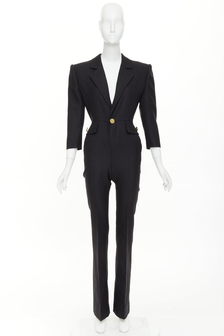 SAINT LAURENT 2022 black wool padded shoulder lapel blazer jumpsuit FR34 XS