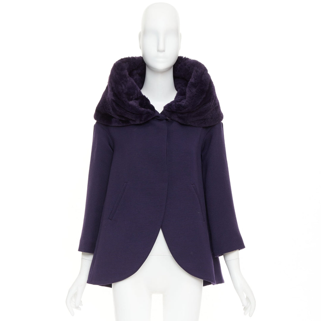 rare ROMEO GIGLI JOYCE pruple virgin wool plush fur collar swing coat IT38 XS