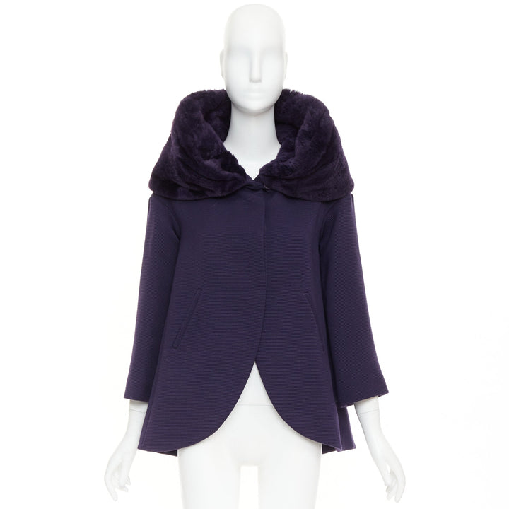 rare ROMEO GIGLI JOYCE pruple virgin wool plush fur collar swing coat IT38 XS