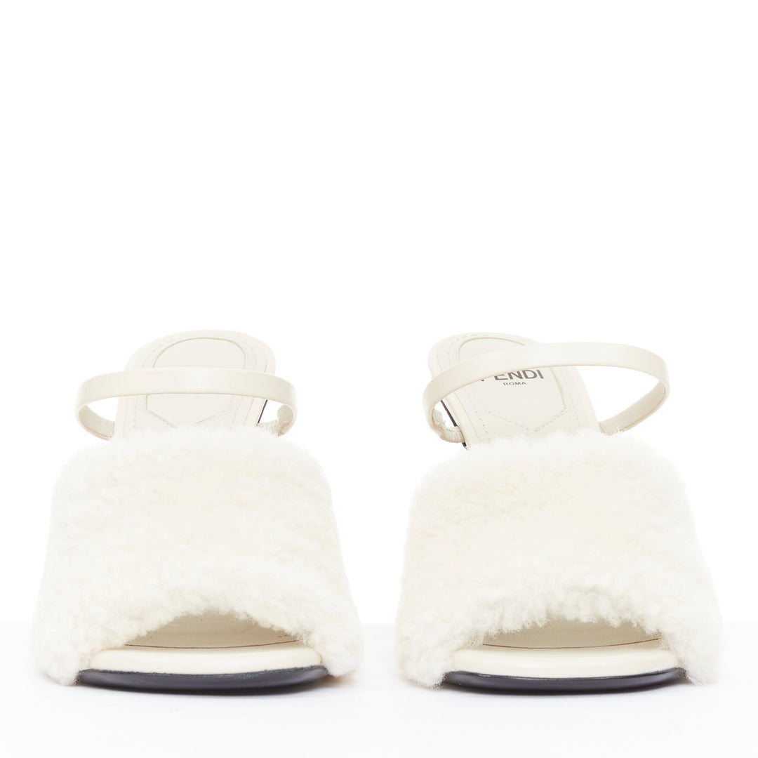 FENDI 2021 Runway First cream shearling gold F heel mule sandals EU35