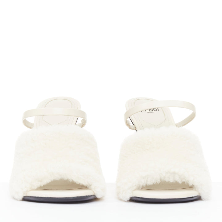 FENDI 2021 Runway First cream shearling gold F heel mule sandals EU35