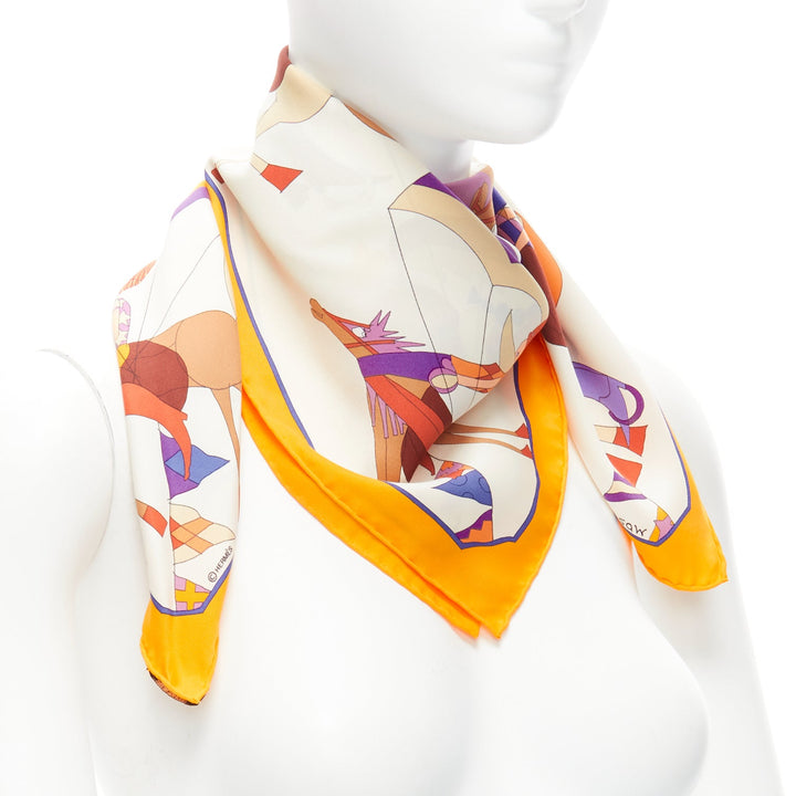 HERMES 100% silk Un Amour De Cheval print yellow purple scarf
