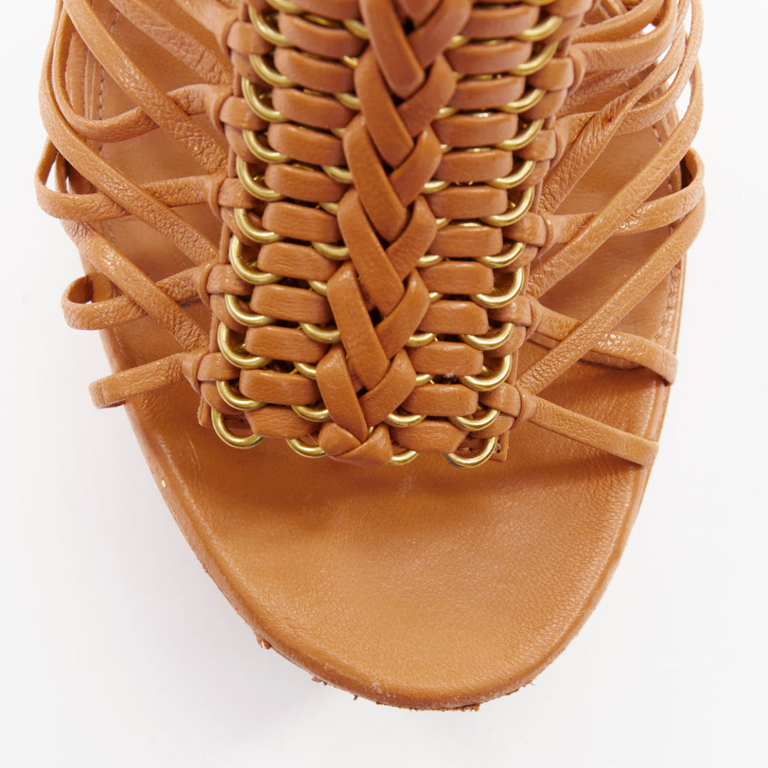 ALEXANDER MCQUEEN beige braided rings wooden curved heels platform sandal EU37.5