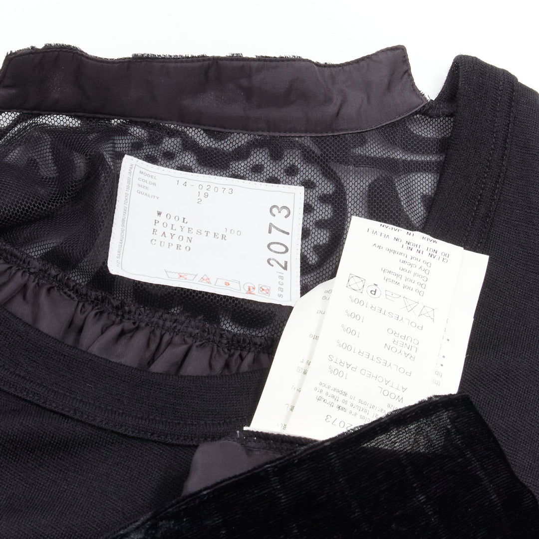 SACAI 2014 black 100% wool velvet devore striped sheer sweater dress JP2 M