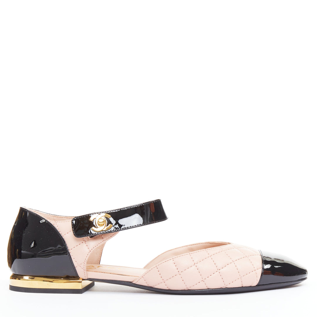CHANEL 2022 pink quilted leather  black patent turnlock CC mary-janes EU39.5