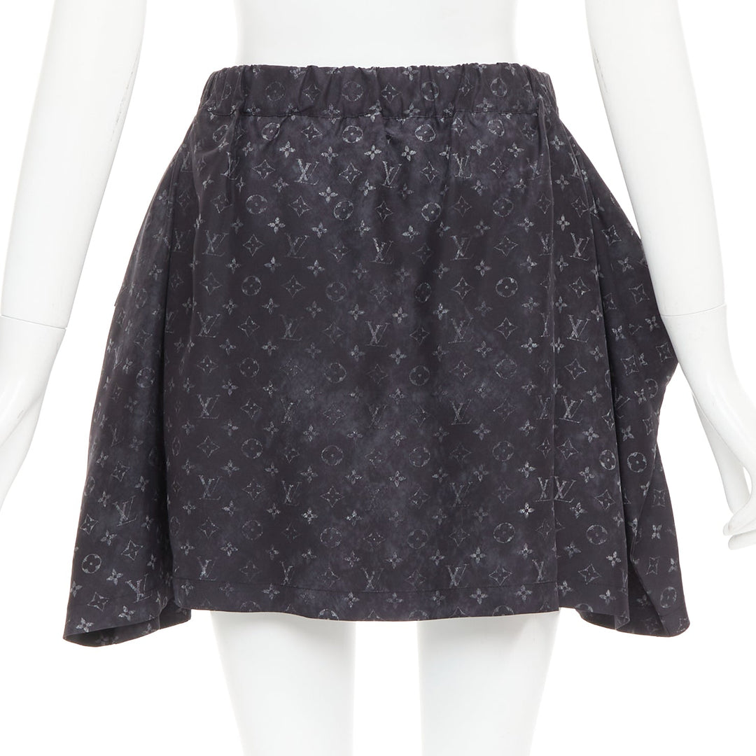 LOUIS VUITTON Monogram Cloud Pocket grey 100% silk flare mini skirt FR34 XS