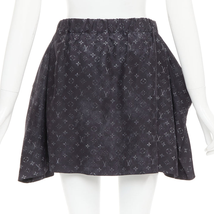 LOUIS VUITTON Monogram Cloud Pocket grey 100% silk flare mini skirt FR34 XS