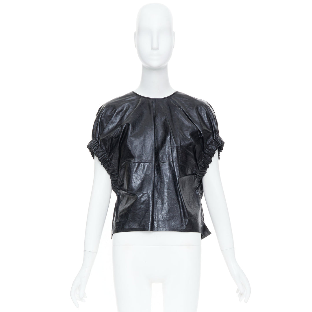 SALVATORE FERRAGAMO black gathered lambskin leather cap sleeve tie top IT38 XS