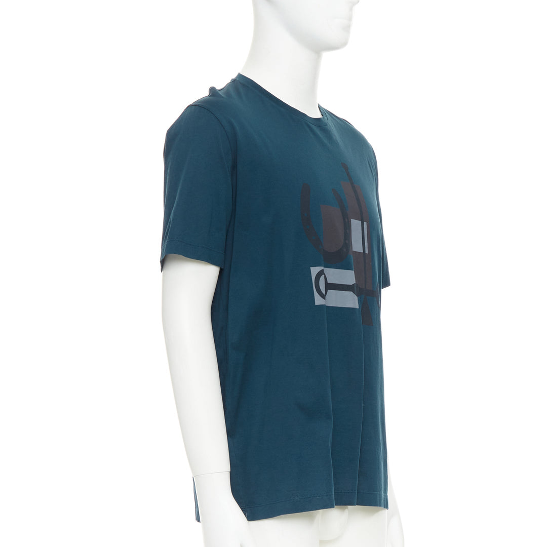HERMES dark teal blue horse bit print cotton crew neck tshirt