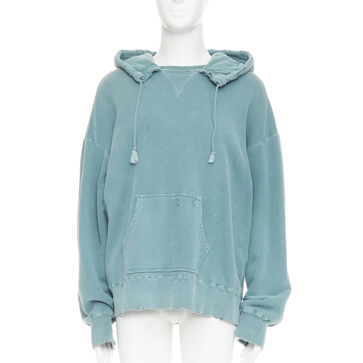 ANCELLM teal blue washed cotton drawstring distressed oversized hoodie JP1 S
