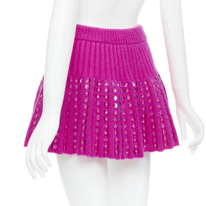 VALENTINO 2022 Runway PP Pink rhinestone embellished knitted flared skirt XS