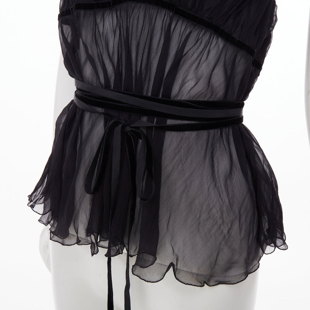 PHILOSOPHY 2014 black sheer silk georgette wrap ruffle peplum camisole IT46 XL