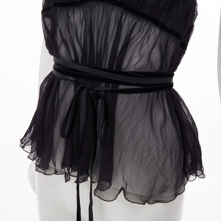 PHILOSOPHY 2014 black sheer silk georgette wrap ruffle peplum camisole IT46 XL