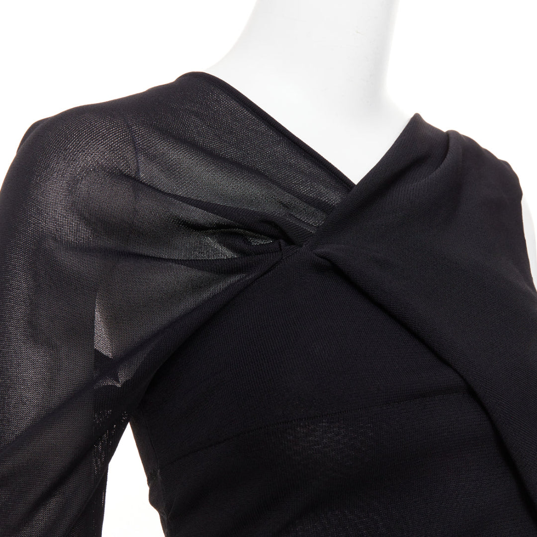 SAINT LAURENT 2023 black viscose ruched one shoulder semi sheer dress XS