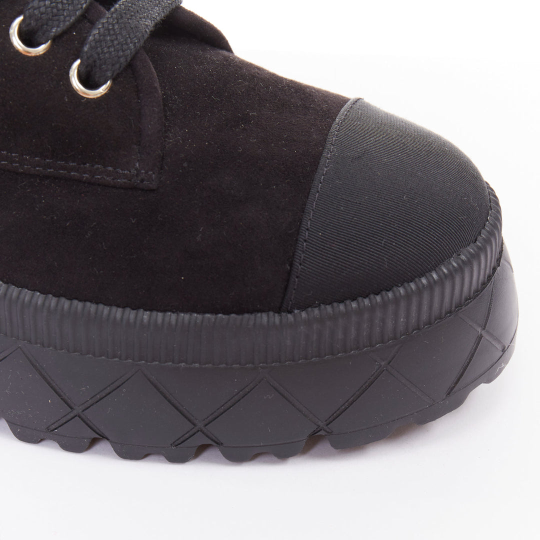 CHANEL 2023 black quilted suede silver CC cap toe platform combat boots EU37.5