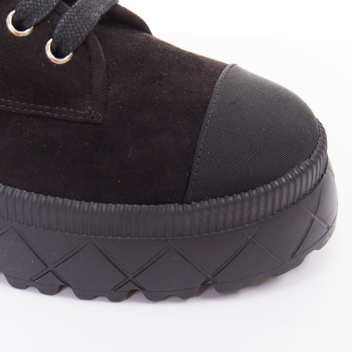 CHANEL 2023 black quilted suede silver CC cap toe platform combat boots EU37.5