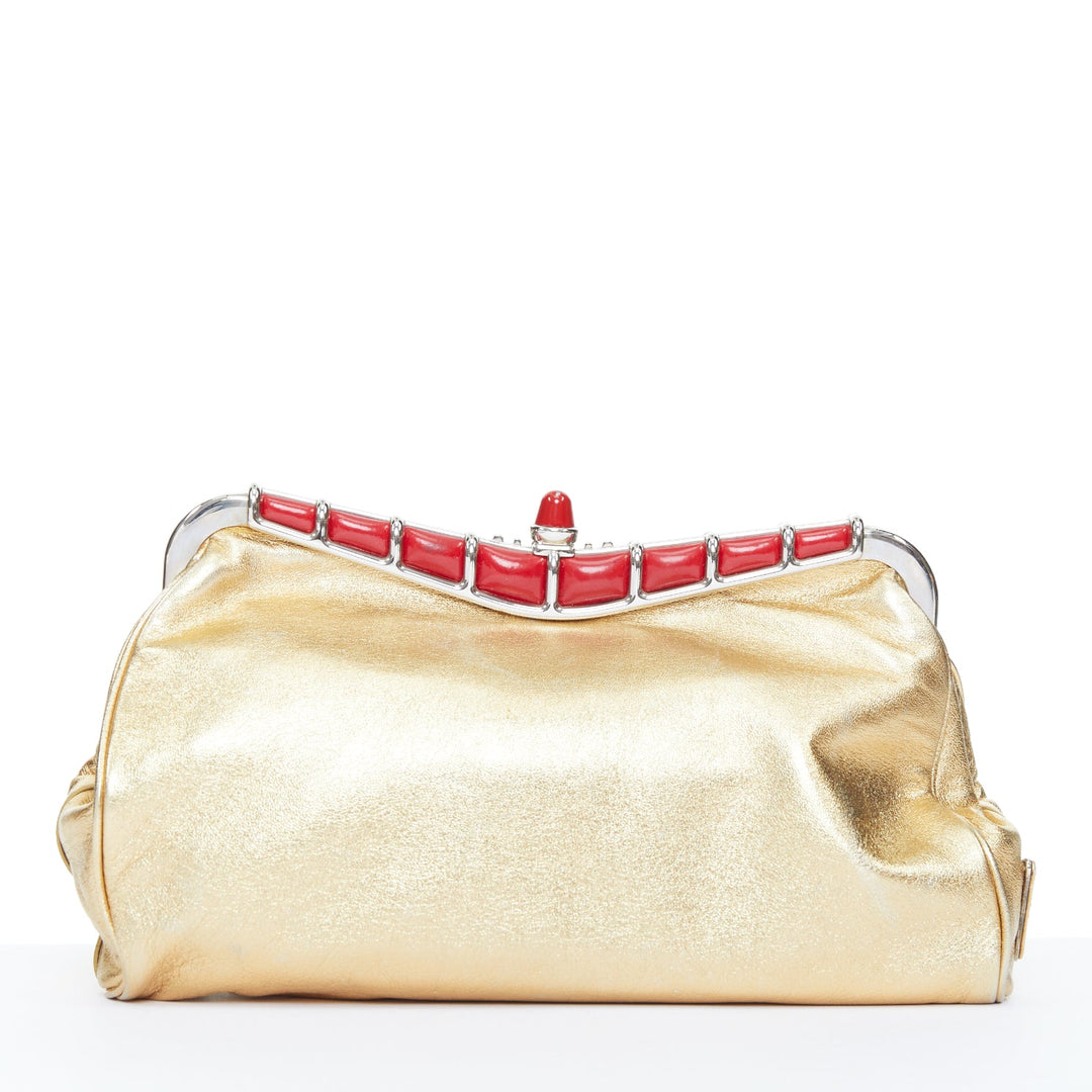 PRADA 2012 Runway hot rod metallic gold leather flame detail clutch bag